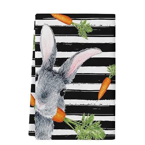 Kitchen Towels Easter Bunny Carrot Absorbent Tea Towel Soft Hand Dish Towel Spring Vintage Black Stripes Reusable Washable Cleaning Cloth Bath Towels for Bathroom Bar for Everyday Cooking (Pack of 1)