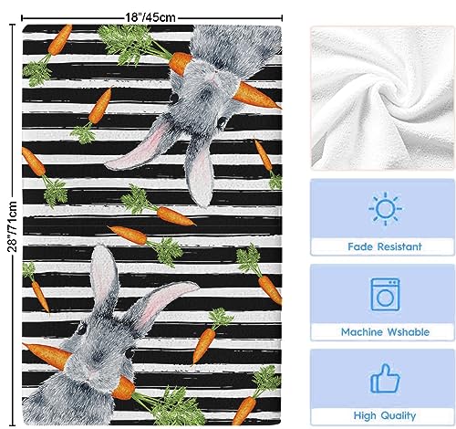 Kitchen Towels Easter Bunny Carrot Absorbent Tea Towel Soft Hand Dish Towel Spring Vintage Black Stripes Reusable Washable Cleaning Cloth Bath Towels for Bathroom Bar for Everyday Cooking (Pack of 1)