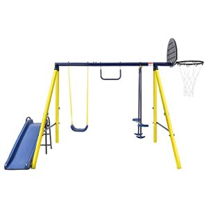 Tidyard 5 in 1 Outdoor Swing Set for Backyard, Playground Swing Sets with Steel Frame, Swing Silde Playset for Kids with Seesaw Swing, Basketball Hoop