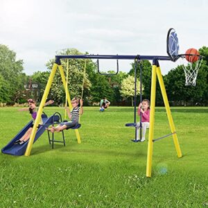 tidyard 5 in 1 outdoor swing set for backyard, playground swing sets with steel frame, swing silde playset for kids with seesaw swing, basketball hoop