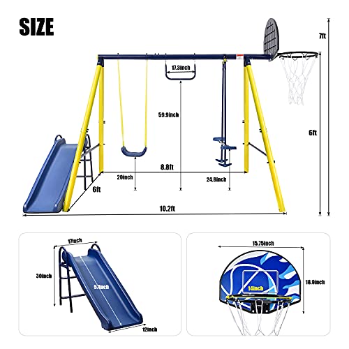 Tidyard 5 in 1 Outdoor Swing Set for Backyard, Playground Swing Sets with Steel Frame, Swing Silde Playset for Kids with Seesaw Swing, Basketball Hoop