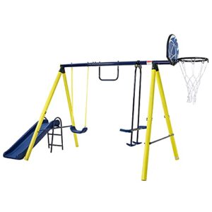 Tidyard 5 in 1 Outdoor Swing Set for Backyard, Playground Swing Sets with Steel Frame, Swing Silde Playset for Kids with Seesaw Swing, Basketball Hoop