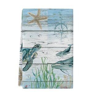 kitchen towels sea whale starfish absorbent tea towel soft hand dish towel rustic wood ocean compass blue reusable washable cleaning cloth bath towels for bathroom bar for everyday cooking (pack of 1)