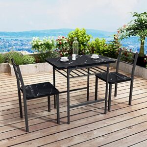 tidyard modern 3-piece dining table set with 2 chairs for dining room，black frame printed black marble finish for dining room dinette living room