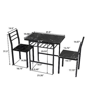 Tidyard Modern 3-Piece Dining Table Set with 2 Chairs for Dining Room，Black Frame Printed Black Marble Finish for Dining Room Dinette Living Room