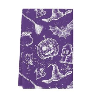 kitchen towels happy halloween purple absorbent tea towel soft hand dish towel pumpkin witch bat reusable washable cleaning cloth hand bath towels for bathroom bar for everyday cooking (pack of 1)