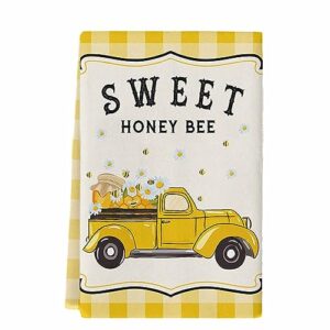 kitchen towels summer sweet gnome bee truck absorbent tea towel soft hand dish towel yellow plaid reusable washable cleaning cloth hand bath towels for bathroom bar for everyday cooking (pack of 1)