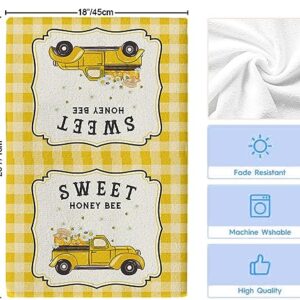 Kitchen Towels Summer Sweet Gnome Bee Truck Absorbent Tea Towel Soft Hand Dish Towel Yellow Plaid Reusable Washable Cleaning Cloth Hand Bath Towels for Bathroom Bar for Everyday Cooking (Pack of 1)