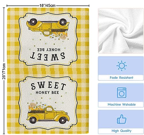 Kitchen Towels Summer Sweet Gnome Bee Truck Absorbent Tea Towel Soft Hand Dish Towel Yellow Plaid Reusable Washable Cleaning Cloth Hand Bath Towels for Bathroom Bar for Everyday Cooking (Pack of 1)