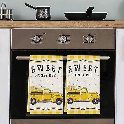 Kitchen Towels Summer Sweet Gnome Bee Truck Absorbent Tea Towel Soft Hand Dish Towel Yellow Plaid Reusable Washable Cleaning Cloth Hand Bath Towels for Bathroom Bar for Everyday Cooking (Pack of 1)