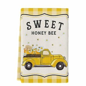 Kitchen Towels Summer Sweet Gnome Bee Truck Absorbent Tea Towel Soft Hand Dish Towel Yellow Plaid Reusable Washable Cleaning Cloth Hand Bath Towels for Bathroom Bar for Everyday Cooking (Pack of 1)