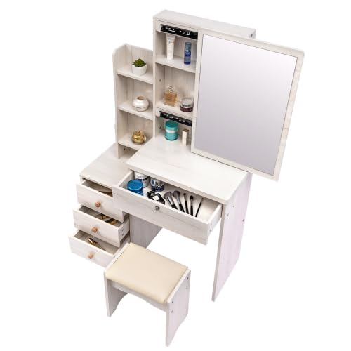 DTGPRO Crazy ELF Left Bedside Desk Model Vanity Table + Cushioned Stool, Extra Large Mirror Surface, Multi Layer High Capacity Storage, 4 Drawers, Fashionable Makeup Furniture (L31.5 x W14 x H51)