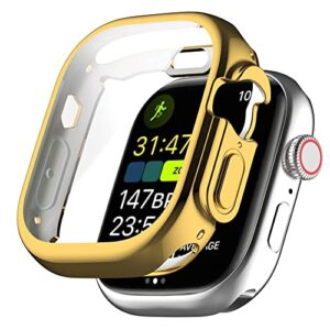 SAWIDEE TPU Glass+case for Apple Watch Series Ultra 49mm smartwatch PC Screen Protector Bumper Tempered for Apple Watch Ultra 49mm (Color : Gold)