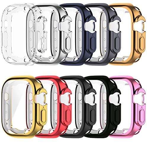 SAWIDEE TPU Glass+case for Apple Watch Series Ultra 49mm smartwatch PC Screen Protector Bumper Tempered for Apple Watch Ultra 49mm (Color : Gold)