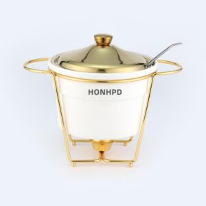 honhpd luxury golden stainless steel ceramics chafing dish with spoon dish buffet server food warmer chafing (4-quart capacity)