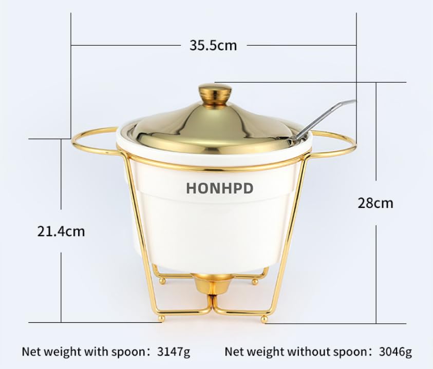 HONHPD Luxury Golden Stainless Steel Ceramics Chafing Dish with Spoon Dish Buffet Server Food Warmer Chafing (4-Quart Capacity)