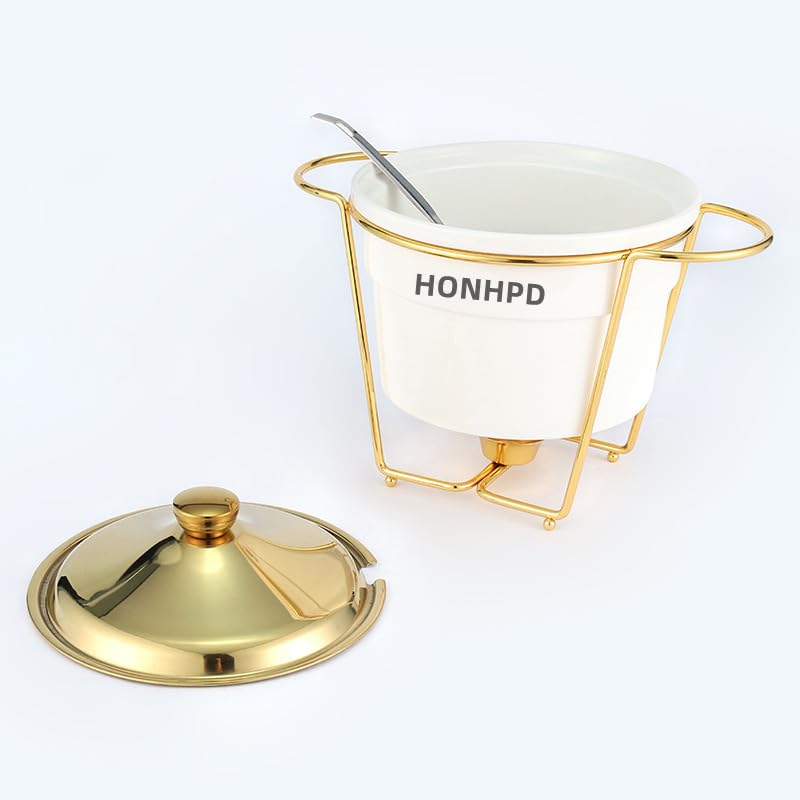 HONHPD Luxury Golden Stainless Steel Ceramics Chafing Dish with Spoon Dish Buffet Server Food Warmer Chafing (4-Quart Capacity)