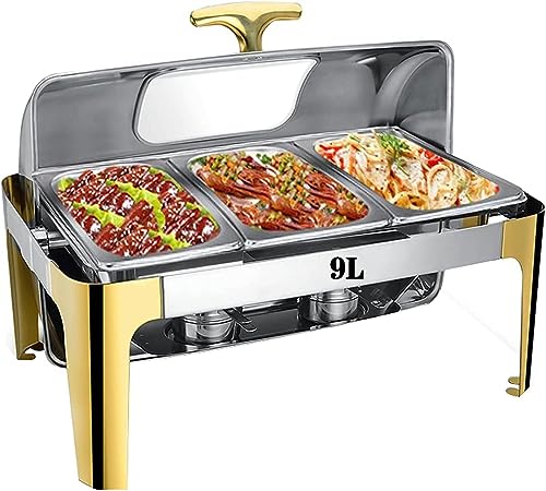 Stainless Steel Chafing Dishes with Lid for Parties, 9L Commercial Food Warmer for Buffet, Buffet Server with 3 Kind of Warming Tray for Holidays, Catering, Home Dinners