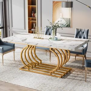 tribesigns modern dining table, 63 inch faux marble wood kitchen table for 6 people, rectangular dinner room table with geometric frame for kitchen, dining room (white & gold)