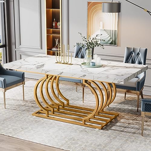 Tribesigns Modern Dining Table, 63 inch Faux Marble Wood Kitchen Table for 6 People, Rectangular Dinner Room Table with Geometric Frame for Kitchen, Dining Room (White & Gold)