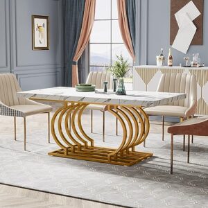 Tribesigns Modern Dining Table, 63 inch Faux Marble Wood Kitchen Table for 6 People, Rectangular Dinner Room Table with Geometric Frame for Kitchen, Dining Room (White & Gold)