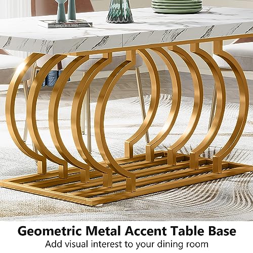 Tribesigns Modern Dining Table, 63 inch Faux Marble Wood Kitchen Table for 6 People, Rectangular Dinner Room Table with Geometric Frame for Kitchen, Dining Room (White & Gold)