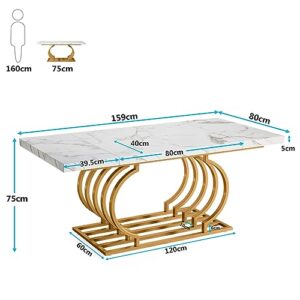 Tribesigns Modern Dining Table, 63 inch Faux Marble Wood Kitchen Table for 6 People, Rectangular Dinner Room Table with Geometric Frame for Kitchen, Dining Room (White & Gold)