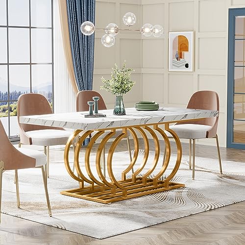 Tribesigns Modern Dining Table, 63 inch Faux Marble Wood Kitchen Table for 6 People, Rectangular Dinner Room Table with Geometric Frame for Kitchen, Dining Room (White & Gold)