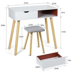 wenyuyu White Vanity Makeup Table Set with 2 Drawers - Modern Vanity Table and Stool Set - Dressing Desk for Bedroom Furniture - Gifts for Women Girls Mom Wife