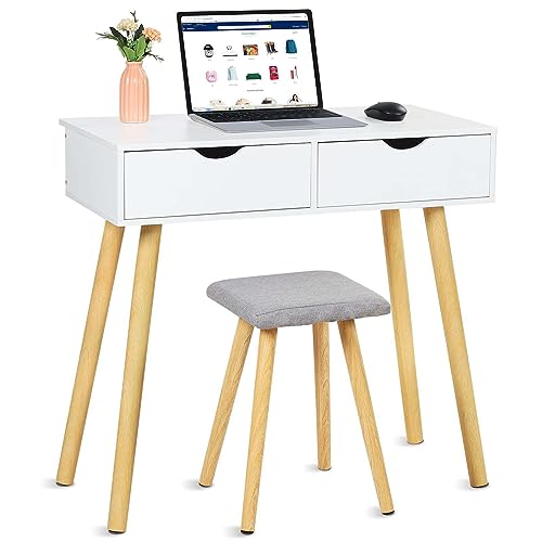 wenyuyu White Vanity Makeup Table Set with 2 Drawers - Modern Vanity Table and Stool Set - Dressing Desk for Bedroom Furniture - Gifts for Women Girls Mom Wife