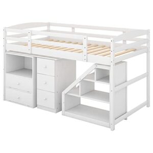 DEYOBED Twin Size Wooden Loft Bed Frame with Movable Desk and Storage Staircase - Elevate Sleep and Organization for Kids and Teens