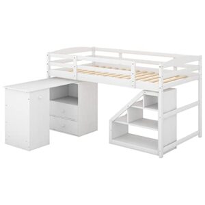 DEYOBED Twin Size Wooden Loft Bed Frame with Movable Desk and Storage Staircase - Elevate Sleep and Organization for Kids and Teens