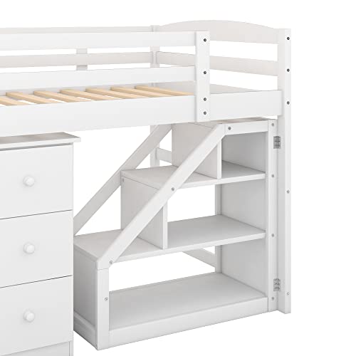 DEYOBED Twin Size Wooden Loft Bed Frame with Movable Desk and Storage Staircase - Elevate Sleep and Organization for Kids and Teens