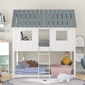 DEYOBED Twin Over Twin House-Shaped Wooden Bunk Bed - Perfect for Kids and Teens, Creative and Space-Efficient Bedroom Solution