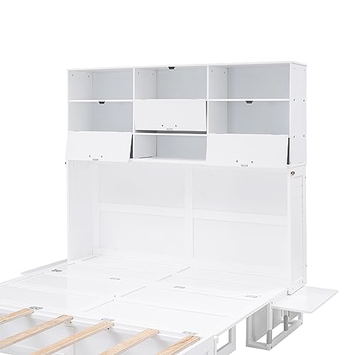 BIADNBZ Queen Size Murphy Bed with Bookcase Storage, Bedside Shelves and a Big Drawer, Wooden Platform Bedframe for Bedroom Guest Room Dorm, White