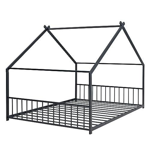 DNYN Twin Size Metal House Bed with Roof Design for Kids Bedroom,Sturdy Steel Bedframe,No Box Spring Needed, Black