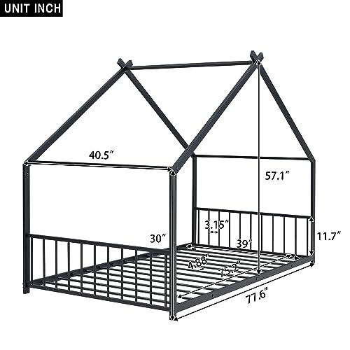 DNYN Twin Size Metal House Bed with Roof Design for Kids Bedroom,Sturdy Steel Bedframe,No Box Spring Needed, Black