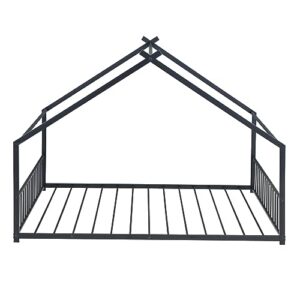 DNYN Twin Size Metal House Bed with Roof Design for Kids Bedroom,Sturdy Steel Bedframe,No Box Spring Needed, Black