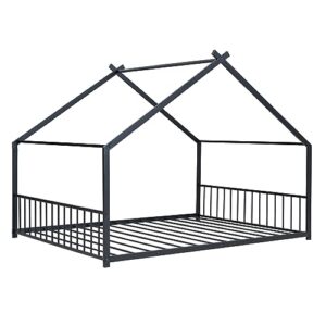 DNYN Twin Size Metal House Bed with Roof Design for Kids Bedroom,Sturdy Steel Bedframe,No Box Spring Needed, Black