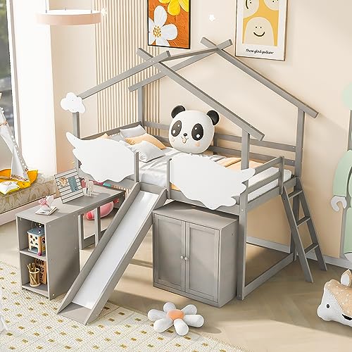 BIADNBZ Twin Size House Bed Frame with Slide, Pullable Storage Desk and Wardrobe Storage, Wooden Low Bedframe w/Wing-Shaped Fence and Ladder, for Kids Teens Bedroom Dorm, Worn Gray+White