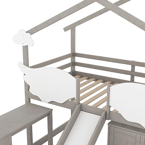 BIADNBZ Twin Size House Bed Frame with Slide, Pullable Storage Desk and Wardrobe Storage, Wooden Low Bedframe w/Wing-Shaped Fence and Ladder, for Kids Teens Bedroom Dorm, Worn Gray+White