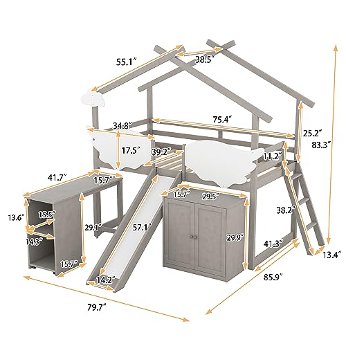 BIADNBZ Twin Size House Bed Frame with Slide, Pullable Storage Desk and Wardrobe Storage, Wooden Low Bedframe w/Wing-Shaped Fence and Ladder, for Kids Teens Bedroom Dorm, Worn Gray+White