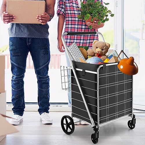 Goplus Shopping Cart for Groceries, Jumbo Upgraded Folding Grocery Cart with Waterproof Liner, 330 LBS Weight Capacity, 360° Rolling Swivel Wheels and Double Basket, Heavy Duty Foldable Utility Cart