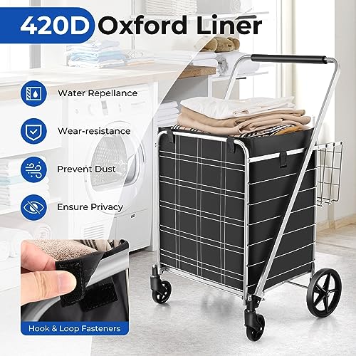 Goplus Shopping Cart for Groceries, Jumbo Upgraded Folding Grocery Cart with Waterproof Liner, 330 LBS Weight Capacity, 360° Rolling Swivel Wheels and Double Basket, Heavy Duty Foldable Utility Cart