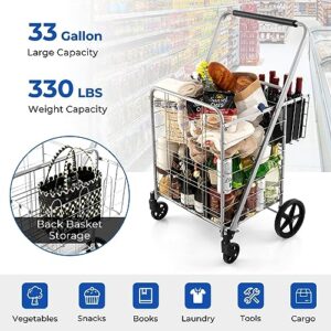 Goplus Shopping Cart for Groceries, Jumbo Upgraded Folding Grocery Cart with Waterproof Liner, 330 LBS Weight Capacity, 360° Rolling Swivel Wheels and Double Basket, Heavy Duty Foldable Utility Cart