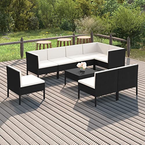 GuyAna 9 Piece Patio Set with Cushions Patio Table and Chairs Outdoor Patio Furniture Living Room Furniture Sets Patio Dining Sets Poly Rattan Black