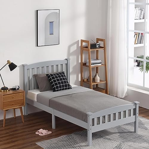 KRHINO Cap Vertical Bed Double Platform Bed Frame with slatted headboard Wooden Bed Frame with footrest, Supported by 12 Wooden slats, no Spring Box Required (White) 灰色