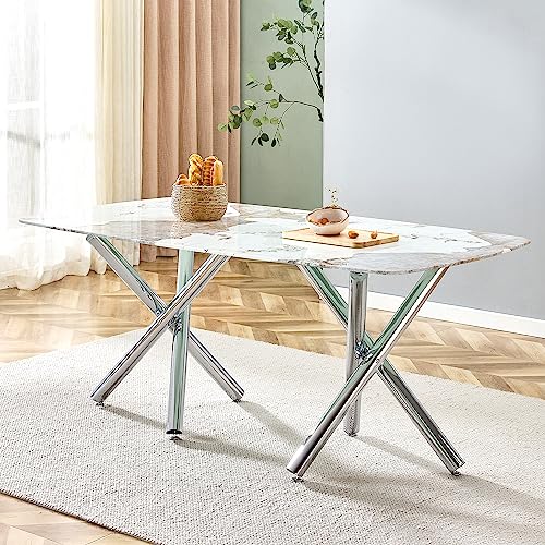 Modern Dining Table for 4 to 6 People with Imitation Marble White Desktop and Dual X-Shaped Silver Metal Legs, Modern Rectangular Kitchen Table for Kitchen Dining Room, 71" W x 39" D x 30" H