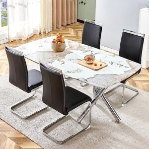 Modern Dining Table for 4 to 6 People with Imitation Marble White Desktop and Dual X-Shaped Silver Metal Legs, Modern Rectangular Kitchen Table for Kitchen Dining Room, 71" W x 39" D x 30" H