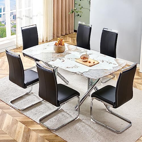 Modern Dining Table for 4 to 6 People with Imitation Marble White Desktop and Dual X-Shaped Silver Metal Legs, Modern Rectangular Kitchen Table for Kitchen Dining Room, 71" W x 39" D x 30" H